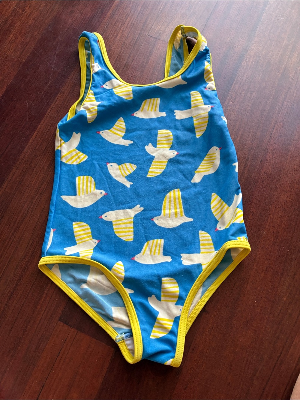 Mini Boden Blue One-Piece Swimsuit with Yellow Seagull Print